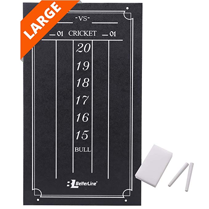 BETTERLINE Large Professional Scoreboard Chalkboard for Cricket and 01 Darts Games - 15.5" x 9" Inch (39.3 x 22.9 cm) - Black Board - Eraser and 2 Chalk Pieces Included