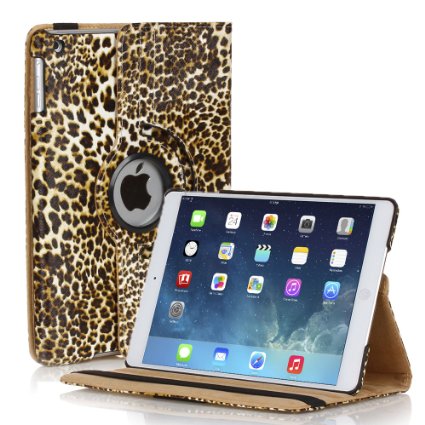 TNP iPad Mini Rotating Case (Leopard Yellow) 360 Degree Stand Smart Cover Flip Protective PU Leather For iPad Mini 3, iPad Mini 2 & 1, Multi Viewing Angles, Auto Sleep & Wake Feature & Stylus Holder