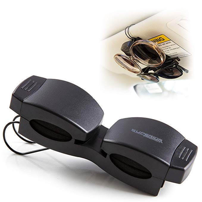 Superior Essentials Locking Double Sunglasses Holder for Sun Visor-Securely Holds Glasses & Sunglasses on Sun-Visor