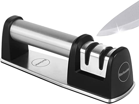Knife Sharpener - Pro 2-Stage Design Easy Manual Sharpening with Tungsten Steel and Ceramic Rod - Non-slip Base Design - Safely Restore, Polish and Sharpen Dull Knives for Sharp Edge