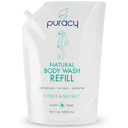 Puracy Natural Body Wash Refill, Sulfate-Free Shower Gel and Daily Cleanser, Citrus and Sea Salt, 64 Ounce Refill Pouch