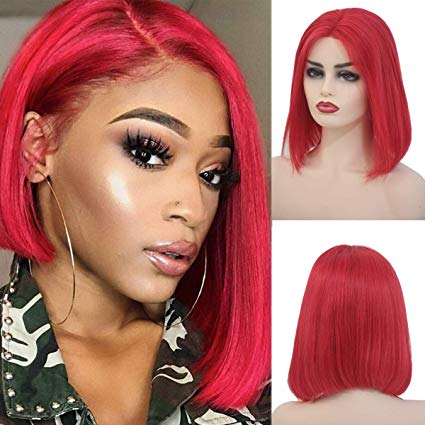 Lace Front Red Bob Wigs Pre Plucked 13x4 Glueless Colored Human Hair Lace Front Wig 180% Density Soft Thick Frontal Bob Wig 10 Inch Bleached Knots