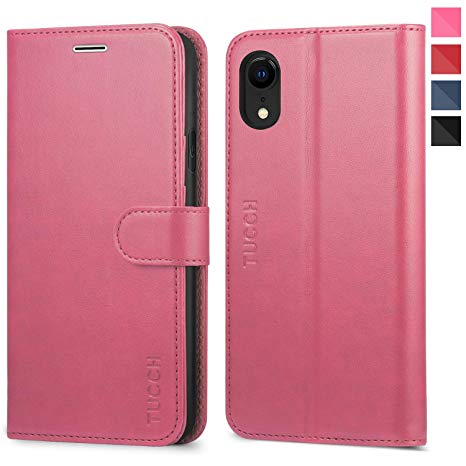 iPhone XR Case, iPhone XR Wallet Case, TUCCH PU Leather Flip Folio Slim Case [RFID Blocking][Kickstand] Credit Card Slots, [TPU Interior Case] Compatible with iPhone XR(6.1 inch) - Hot Pink