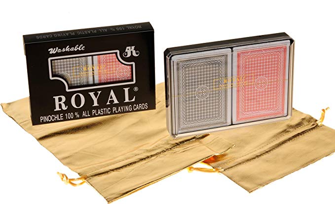Deluxe Games and Puzzles Royal PINOCHLE All Plastic Playing Cards with Large Numbers Bundle of 4 Decks in 2 Plastic Cases Bonus Two Gold Metallic Cloth Drawstring Storage Pouches Bundled Items