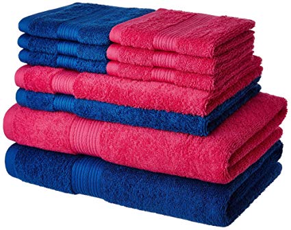 Amazon Brand - Solimo 100% Cotton 10 Piece Towel Set, 500 GSM (Iris Blue and Paradise Pink)