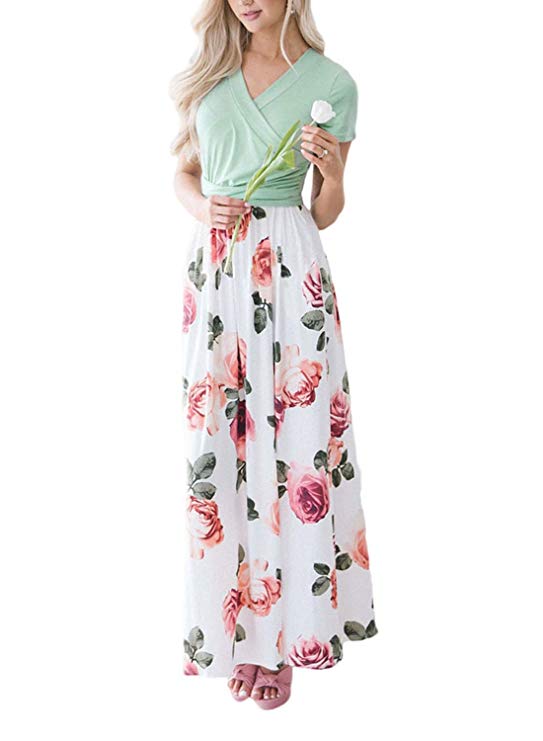 Dokotoo Womens Casual V Neck Short Sleeve Floral Print Maxi Long Dress with Belts