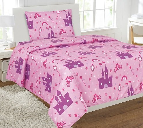Elegant Home Princess Palace Castle Pink Purple 3 Piece Printed Twin Sheet Set with Pillowcase Flat Fitted Sheet for Girls / Kids/ Teens # Princess Palace