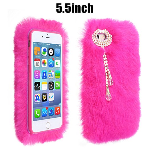 iPhone 6 plus case,Veatool 2016 New Tassel Rex Rabbit Fur Hair Luxury Fashion Fluffy Plush Phone Case for iPhone 6s plus 5.5inch - Rose