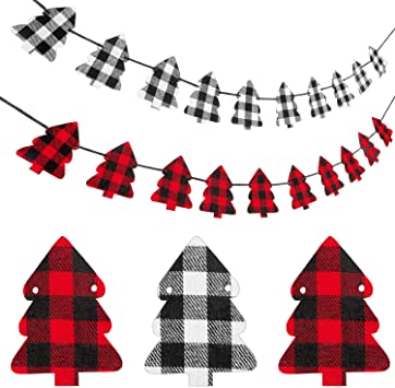 2 Pieces Christmas Tree Bunting Banner Buffalo Check Plaid Christmas Garland Sign Lumberjack Hanging Bunting Banner for Home Office Christmas Tree Mantle Fireplace Holiday Hanging Decor