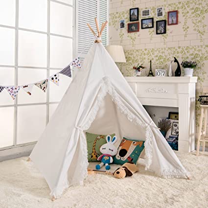 AniiKiss 6' Giant Canvas Kids Play Teepee Children Tipi Play Tent - White with Lace Edge
