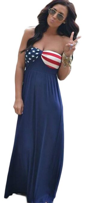 Wommen's Sexy Strapless American Flag Printed Party Clubwear Maxi Dress