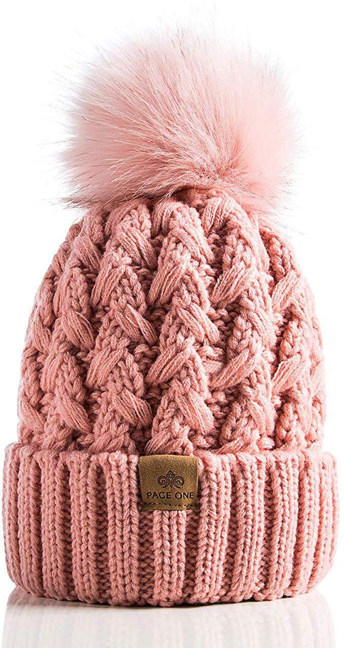 PAGE ONE Womens Winter Ribbed Beanie Crossed Cap Chunky Cable Knit Pompom Soft Warm Hat