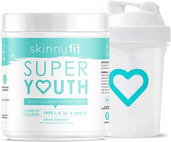 SkinnyFit Super Youth Multi-Collagen Peptide Powder Unflavored, Hair, Skin, Nail, Joint Support, and 20 oz. Shaker Bottle, BPA Free with Mixing Grid, Leak Proof, 58 Servings