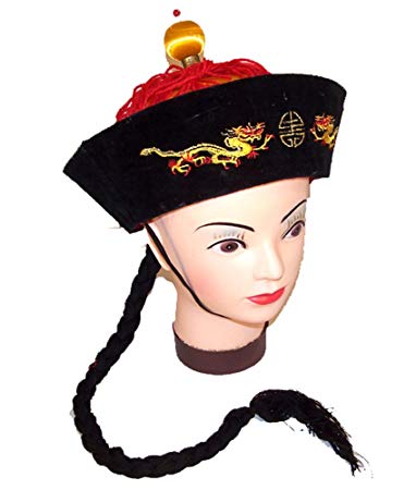 Vintage Style Chinese China Emperor Hat with Braided Black Pony Tail
