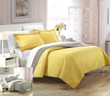 Chic Home 2 Piece Teresa Reversible Color Block Modern Quilt Set, Twin, Yellow