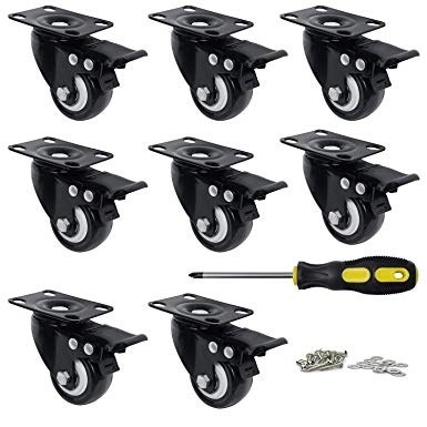 Heavy Duty Swivel Plate Casters with Brake Lock, Mysit 2" PU Rubber Wheels Mute No Noise Markless Polyurethane Castor, Double Bearings, Loading 300 Lbs/Set Black,Pack of 8（Caster_2in_Brake-2）