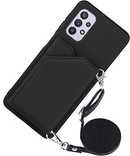 DAMONDY Case for Samsung A32 5G,Leather Wallet Case with Lanyard Detachable Strap Designs for Girls Women,with Kickstand Card Slots Cover,Protective Phone Case for Samsung Galaxy A32 5G -Black