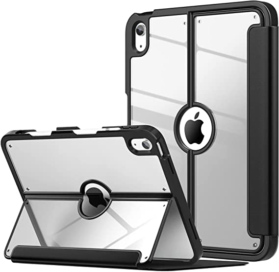 MoKo iPad 10th Generation Case with Pencil Holder, iPad Case 10th Generation 2022 10.9 inch, Built-in Screen Protector Clear Back, Stain Resistant Multi Angle Viewing Stand, Auto Wake/Sleep, Black