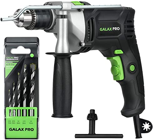 GALAX PRO 7.5A Hammer Drill, 1/2-inch 0-2800RPM Dual Switch Between Electric Impact Drill with 5 Drill Bit Set, 360°Rotating Handle, Aluminum Gear Case, Metal Depth Gauge for Brick, Wood, Steel