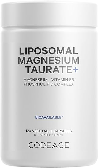 Codeage Liposomal Magnesium Taurate  Supplement - 2-Month Supply - Magnesium & Vitamin B6 Blend for Cardiovascular Health, Mood Stability & Muscle Function Support - Non-GMO, Gluten-Free - 120 Capsule