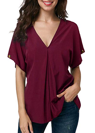 AUU V Neck Chiffon Tops Women Sexy Cold Shoulder Blouse Casual Short Sleeve Loose Shirts