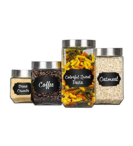 Home Basics 4-Piece Square Glass Canister Set with 56 Reusable Chalkboard Food Storage and More Glass Containers