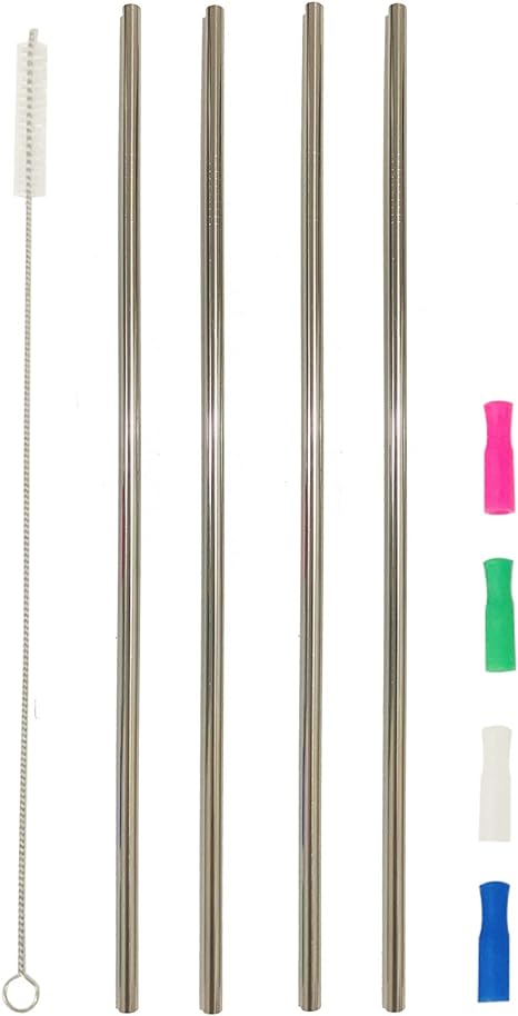12" Metal Straws, 4pcs Ultra Long 0.24" Diameter Reusable Straight Stainless Steel Drinking Straws with Silicone Tips and Cleaning Brush for Tall Cups