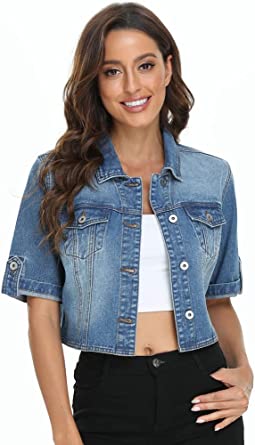 Dilgul Women's Denim Jacket Button Down Short Sleeve Cropped Jean Jacket Coat