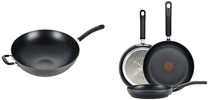 T-fal, Ultimate Hard Anodized, Nonstick 14 in. Wok, Black, , 14 Inch, Grey & E938S3 Professional Total Nonstick Thermo-Spot Heat Indicator Fry Pan Cookware Set, 3-Piece, 8-Inch 10.5" & 12.5", Black