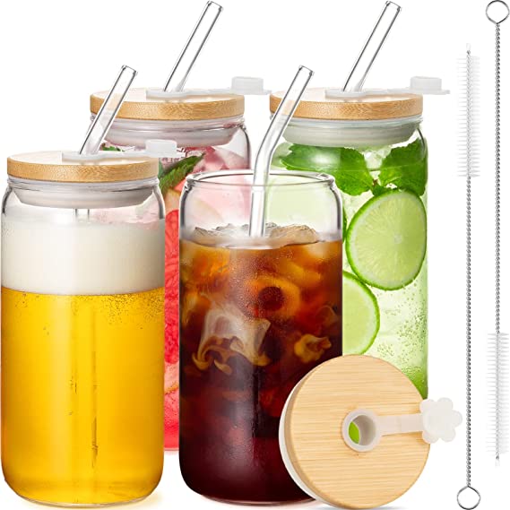 Glass Cups with Bamboo Lids and Glass Straws, 16oz Beer Can Shaped Drinking Glasses Set of 4, Beer Glasses Iced Coffee Cups Glass Tumbler Cute Cups for Smoothie Cocktail Wine Whiskey Tea Soda Water