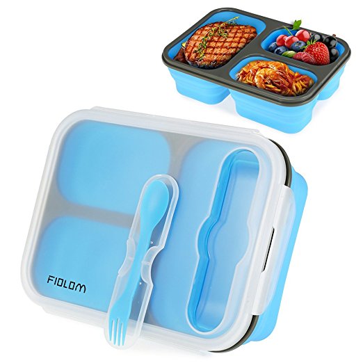 Bento Lunch Box, FIOLOM 3 Compartment Leakproof Meal Prep Container Portion Control Food Storage Container with Lid Fork Spoon Freezer Microwave & Dishwasher Safe Reusable Stackable Bento Box for Kids