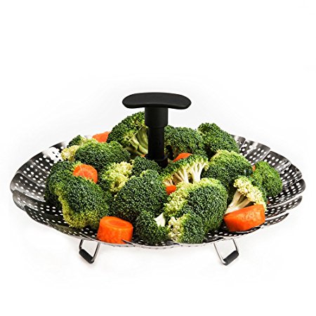 Vegetable Steamer Insert – Stainless Steel Steamer Basket with Extendable Plastic Handle, Foldable Legs with Silicone Feet, Folding Expandable Petals, Fit Various Size Pot (7" to 11")