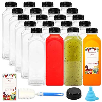 20 Packs Empty PET Plastic Juice Bottles 12 Oz BPA Free Reusable Clear Disposable Containers with Black Tamper Evident Caps Lids for Juice, Milk and Other Beverages