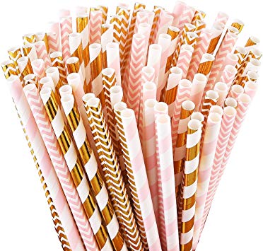 ALINK Biodegradable Paper Straws, 100 Pink Straws/Gold Straws for Party Supplies, Birthday, Wedding, Bridal/Baby Shower Decorations and Holiday Celebrations