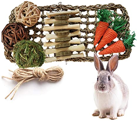 kathson Rabbit Activity Zone Bunny Chew Toy for Teeth Grinding Small Animal Play Ball Carrot Toy Natural Seagrass Protector Mat Rabbit Toys for Chinchilla Guinea Pigs or Other Rodent Pets