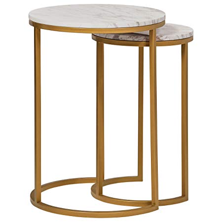 Rivet Circular Modern Marble and Gold Nesting Side Table, Set of 2, Marble/Gold