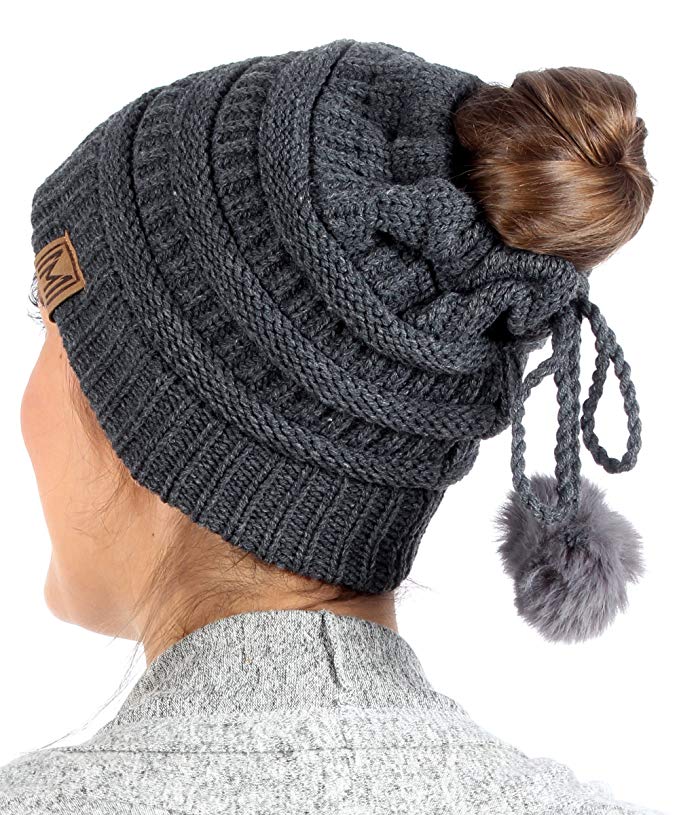 MIRMARU Women's Ponytail Messy Bun Beanie Ribbed Knit Hat Cap with Adjustable Pom Pom String