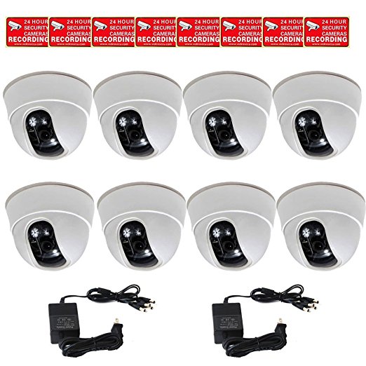 VideoSecu 8 x Built-in 1/3'' Sony Effio CCD Dome Security Cameras 600TVL Wide Angle View Lens for CCTV DVR Home Surveillance System with 2 of 4 Channel Power Supplies and Security Warning Stickers CC5