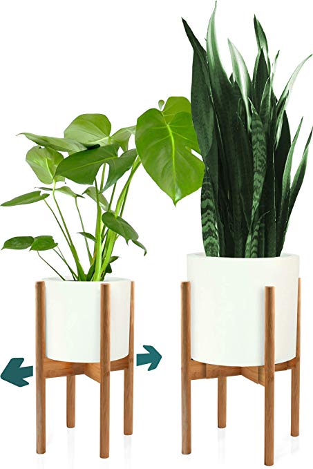 Fox & Fern Mid Century Plant Stand - Width 8" up to 12" - Bamboo - EXCLUDING White Ceramic Pot