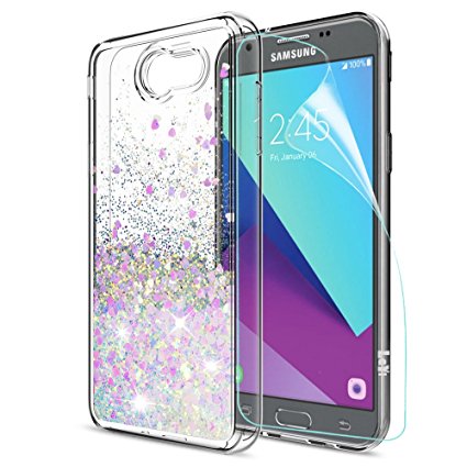 Galaxy Amp Prime 2/Express Prime 2/J3 Mission/J3 Emerge/J3 Prime/J3 Eclipse/J3 Luna Pro/Sol 2 Case with HD Screen Protector,LeYi Girls Glitter Liquid Clear TPU Case for Samsung J3 2017 ZX Pink