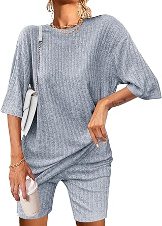 Ekouaer Pajamas 2 Piece Lounge Sets Ribbed Knit Matching Outfits T-shirt Biker Shorts Sleepwear Loungewear Sweatsuits