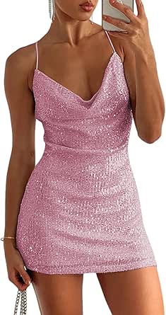 Sidefeel Women's Square Neck Bodice Dress Sequin Glitter Sexy Spaghetti Strap Sleeveless Backless Bodycon Mini Dresses