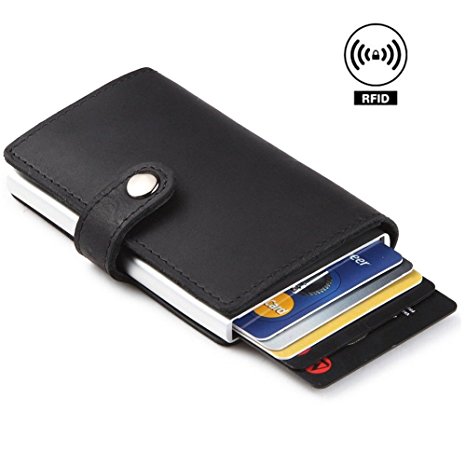 Dlife Credit Card Holder RFID Blocking Wallet Slim Wallet PU Leather Vintage Aluminum Business Card Holder Automatic Pop-up Card Case Wallet Security Travel Wallet (Black)