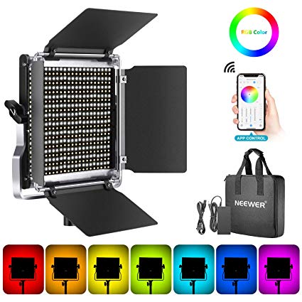 Neewer 480 RGB Led Light with APP Control, 480 SMD LEDs CRI92/3200K-5600K/Brightness 0-100%/0-360 Adjustable Colors/9 Applicable Scenes with LCD Screen/U Bracket/Barndoor, Metal Shell for Photography