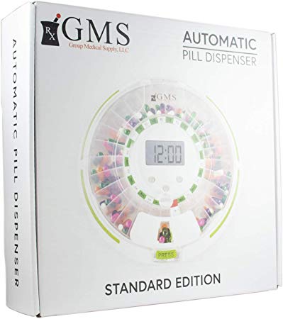 GMS Automatic Pill Dispenser 28 Day Automatic Pill Dispenser with Clear and Solid Lids (GMS Automatic Pill Dispenser, Tray, 6 Dosage Rings, Key) 1 Year Limited Warranty