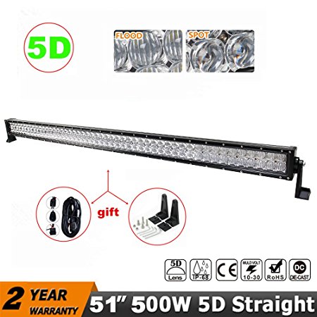 Yamaige 51" 500W 5D Lens CREE LED Light Bar Flood Spot Combo Work Light Driving Lights Fog Lamp Offroad Lighting for SUV Ute ATV Truck 4x4 Boat with Mounting Brackets Wiring Harness,2 Years Warranty