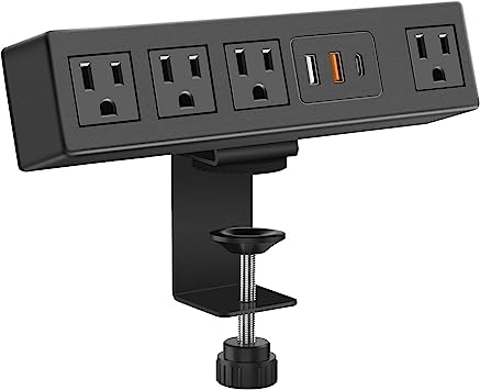 CCCEI Desk Clamp Power Strip with USB A and USB C Ports, Desktop Mount Surge Protector 1200J, Widely Spaced Desk Outlet Station, Fast Charging, 6 FT Flat Plug, Fit 1.9 inch Tabletop Edge.