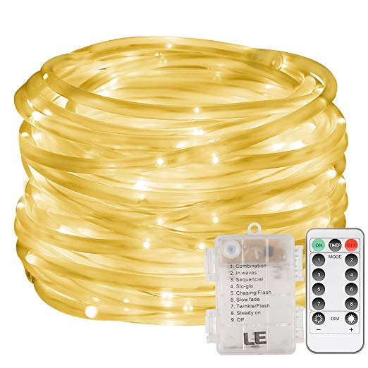 LE 33ft 120 LED Dimmable Rope Lights, Battery Powered, Waterproof, 8 Modes/Timer, Warm White Outdoor Decorative Light Mood Lighting for Garden Patio Party Christmas Thanksgiving