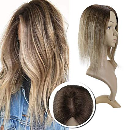 Sunny Topper Hair Piece Remy Human Hair Balayage Color #4 Dark Brown Fading to #6 Medium Brown Mix #22 Blonde Clip in Topper Crown Hair Extensions Real Human Hair 8inch 5"×5"