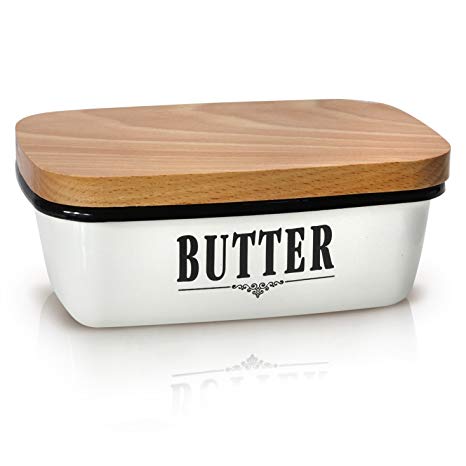 GranRosi Butter Dish - Vintage Enamel Butter Container With Versatile Wooden Lid - Perfect To Keep Your Butter Soft